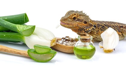 A bearded dragon with green produce and a small glass bottle