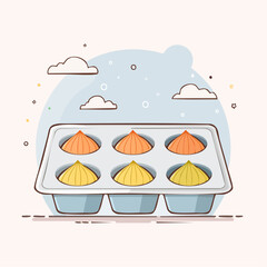 Naklejka premium Six colorful cupcakes in a grey baking tray with clouds in a light blue sky background