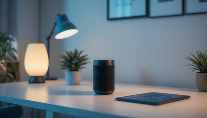 Smart Speaker in Modern Desk Setup with Potted Plants and Soft Lighting