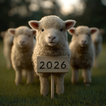 Niedliches wei&szlig;es Schaf mit lockigem Fell tr&auml;gt Schild mit Aufschrift 2026 vor weiteren Schafen im Hintergrund