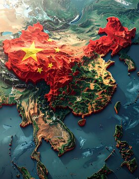 3D-rendered map depicting a country's shape with an overlay of a flag