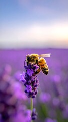 A bee gathers nectar from lavender in a sunlit field