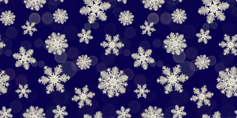 Seamless repeating Christmas pattern of glowing snowflakes on a blue background with lights. Suitable for wallpaper, backdrops, textiles, packaging, and paper. Vector illustration.