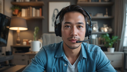 Young Man Wearing Headset Sitting at Desk in Modern Home Office