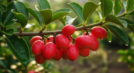 Obraz premium Vibrant Red Berries in The Sunlight, Captured on a Branch Growing Leaves