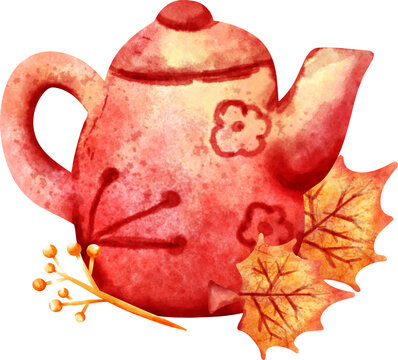 watercolor red teapot with autumn leaves clip art preview