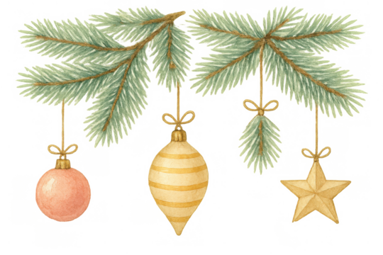 Watercolor christmas pine branches with hanging baubles, star, ornament, and festive holiday decorations, transparent background - Powered by Adobe