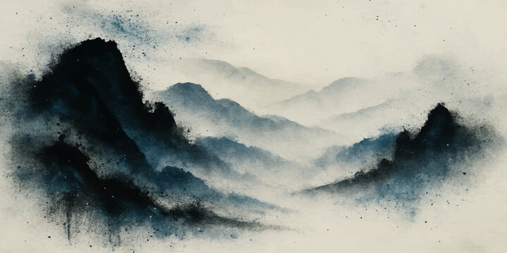 Abstract grunge mountain landscape with cloudy sky, snow peak view, and blue winter weather