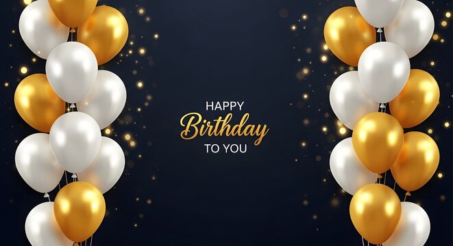 Elegant birthday celebration with gold and white balloons and bokeh lights