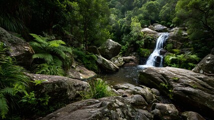 Cascading water tumbles over rocks within a lush, dense rainforest setting