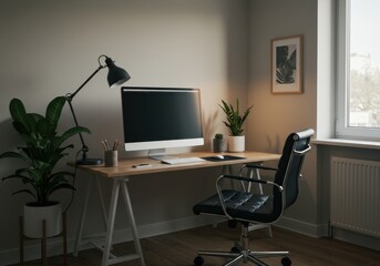 Modern home office workspace featuring technology and natural elements creates a serene working environment