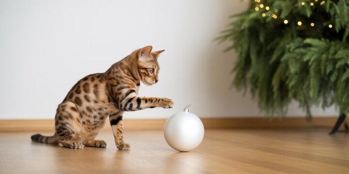 Bengal kitten pawing silver Christmas bauble on hardwood floor — holiday pet-proofing image, copy space