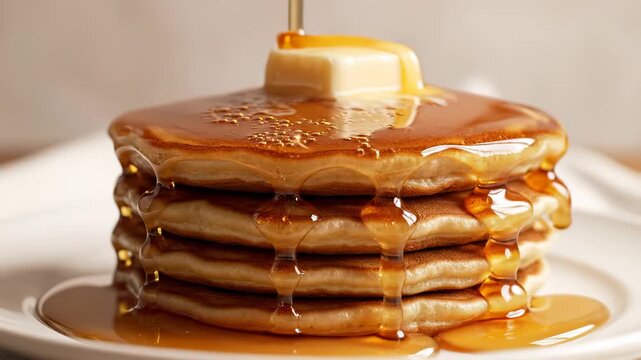 Golden Pancakes with Syrup and Butter: A stack of fluffy, golden-brown pancakes, drenched in sweet, amber syrup, topped with a melting pat of butter, inviting a delicious breakfast experience.