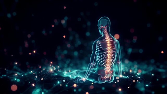 3D rendered medical illustration of a human skeleton in a meditative pose, set against a bokeh background with connected lines and dots. The color palette is dominated by cool tones.
