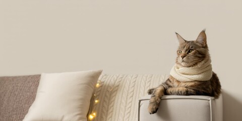 Brown tabby (Maine Coon look) on beige sofa with cream knit scarf & fairy lights - cozy holiday pet image, left copy space