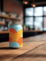 Beer Can Mockup with Trendy Label on Bar Surface