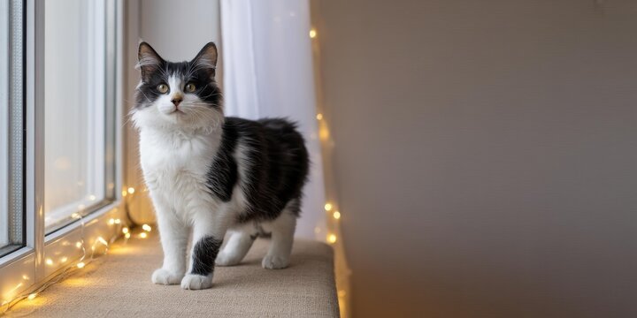 Black-and-White Longhaired Cat on Windowsill with Warm Fairy Lights — Cozy Christmas Greeting Card or Promo Banner, Right-Side Copy Space