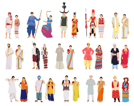 Couple of indian people wearing traditional attire vector illustration.