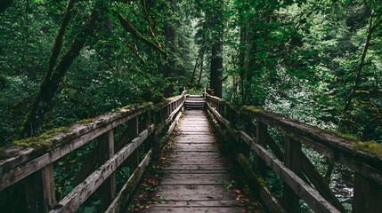 Obraz premium Wooden walkway traverses dense, verdant wilderness surrounded by towering trees
