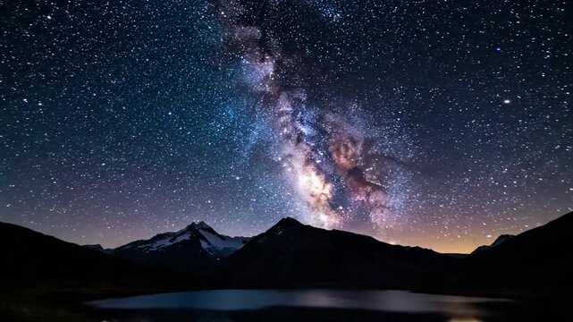 Vast celestial band of stars stretching across a dark, pristine night sky, showcasing the galactic core's luminous beauty and ethereal glow. Wide shot, tracking or time lapse