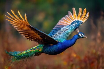 Peacock in flight with vibrant plumage