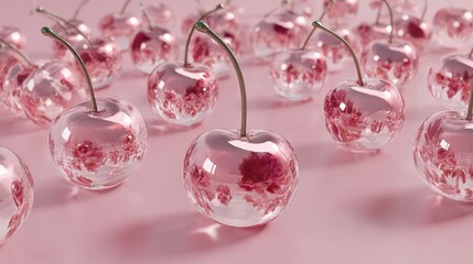 Beautiful glass cherries with pink flowers on a soft pink background.
