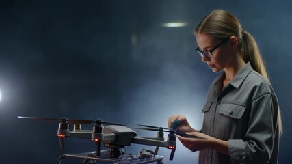 Young female technician inspecting quadcopter device in dim setting - Powered by Adobe