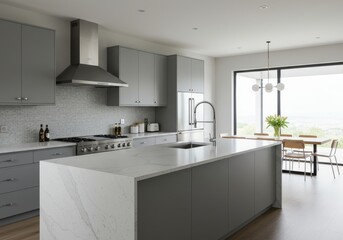 Contemporary open concept kitchen features gray cabinetry and a large white marble island overlooking an outdoor vista
