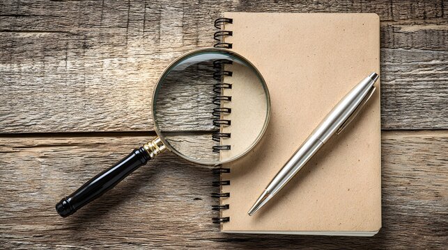 Magnifying glass and metallic writing instrument rest upon spiral bound notepad on weathered wood surface - Powered by Adobe