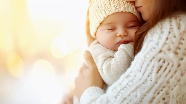 A closeup of a woman holding a newborn baby. The baby is wearing a white knitted hat and is swaddled in a creamcolored outfit. The womans face is partially visible.