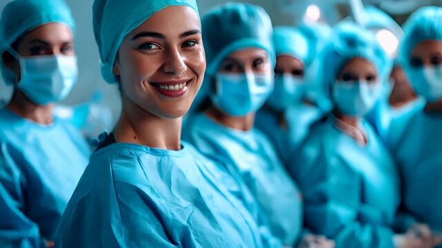 A closeup of a woman in blue surgical gowns and surgical masks, with a group of medical professionals in the background. The womans face is the focal point.