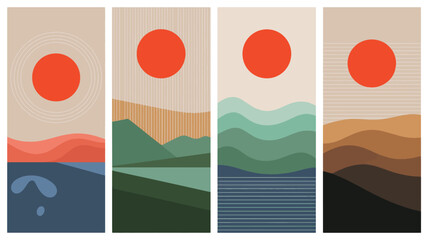 Four panels of abstract landscapes with a red sun