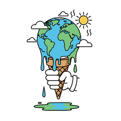 Cartoon Earth Melting Like Ice Cream Cone Held By A Hand In The Sun With Clouds Representing Global Warming And Environmental Issues