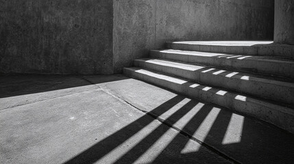 The play of light and shadow on the concrete staircase, creating a dramatic architectural composition. The image focuses on lines and textures 