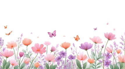 Charming watercolor artwork of a lively garden scene with blooming flowers in pink orange and purple with delicate butterflies fluttering