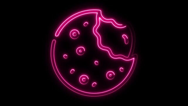 Vibrant pink neon cookie with bite mark glows dynamically against a dark, energetic background, perfect for modern food branding and advertising.