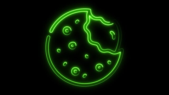 Dynamic glowing neon cookie icon animates with a bite taken, perfect for digital menus, apps, or food branding motion graphics.