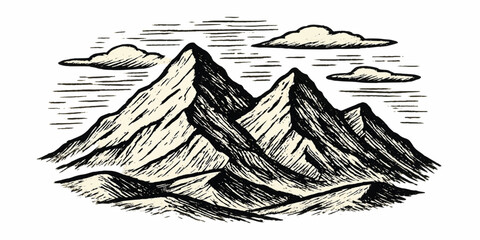 Vintage sketch drawing of a black ink fishing boat on the sea with a bird and fish symbol