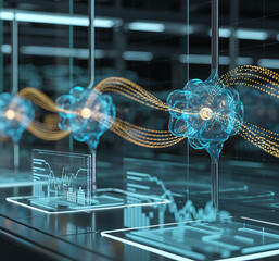 artificial intelligence abstract background, Robot and human hands interacting, Hand holding virtual Global Internet connection,Futuristic cityscape with glowing lines,Modern workspace with computer
