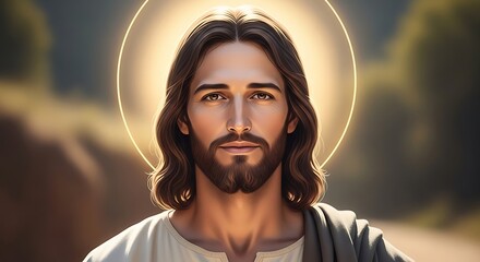 Fototapeta premium Portrait of Jesus Christ with a radiant halo conveying spirituality and faith