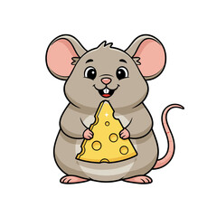 Cartoon Mouse Character Standing Upright Holding a Slice of Swiss Cheese with a Long Tail Against a Clean White Background