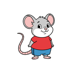 Cartoon Mouse Wearing Red T-shirt and Blue Shorts Standing Isolated on Black Background Expressing Joy and Friendliness