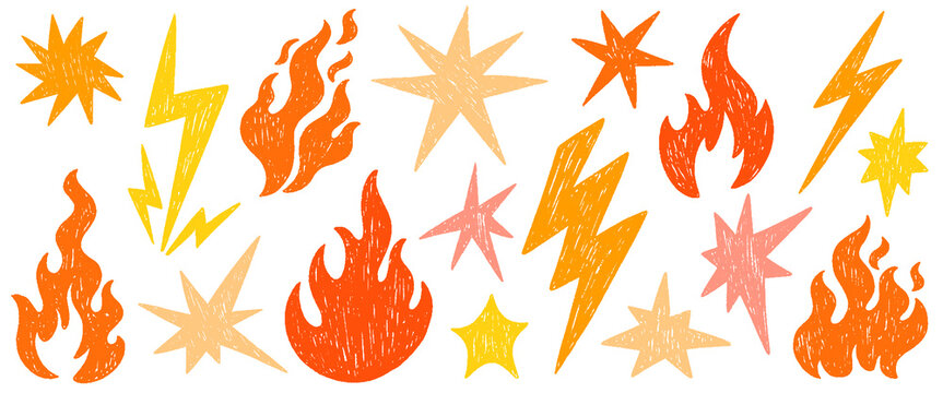 Crayon lightning, fire and star doodle shapes set. Hand drawn charcoal graffiti punk pencil simple scribble element. Flash lightning fire star pastel punk rock vector grange illustration 