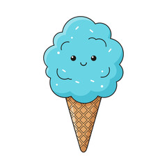 Blue Cotton Candy In A Waffle Cone With A Smiling Face And Colorful Sprinkles On A White Background Flat Vector Design