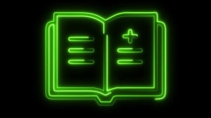 Dynamic glowing neon open book animation symbolizing knowledge, learning, and innovation with digital data streams and a plus sign for growth and progress - Powered by Adobe