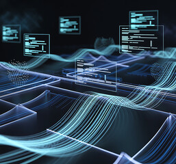 artificial intelligence abstract background, Robot and human hands interacting, Hand holding virtual Global Internet connection,Futuristic cityscape with glowing lines,Modern workspace with computer