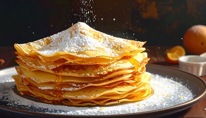 Delicious Stack of Pancakes with Powdered Sugar.