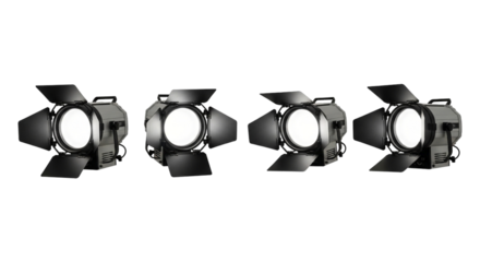 Four studio fresnel lights with barn doors isolated on transparent background, equipment for professional film and video production