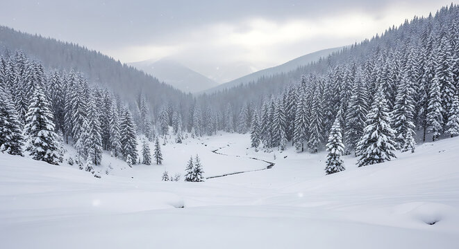 Vast snowy valley with a winding stream and pine forest
