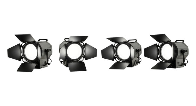 Four studio fresnel lights with barn doors isolated on transparent background, equipment for professional film and video production